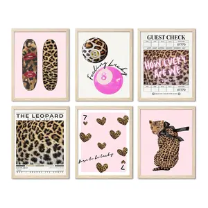 6pcs/set Leopard Wall Decor Playing Card A Canvas Painting Leopard Print Pink Billiard 8 Art Poster Living Room Bedroom Decor No Frame