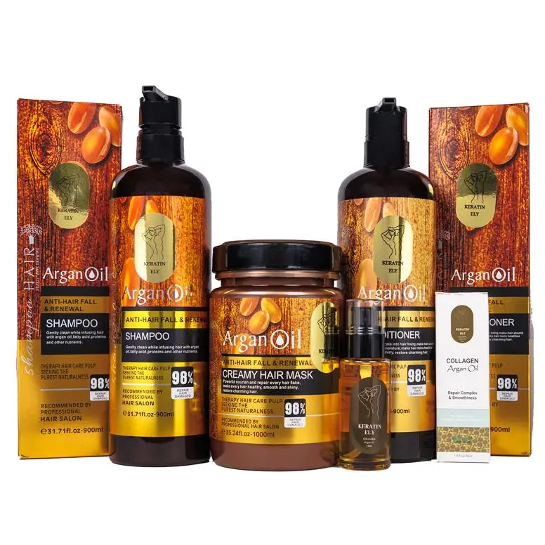 Keratin Ely Complete Hair Loss Treatment Kit with Argan Oil Sulfate-Free Shampoo Conditioner Mask & Oil