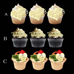 10pcs/20pcs Golden Acrylic Happy Valentine's Day Love Cupcake Toppers，for Valentine's Day Wedding Party DIY Cupcake Decoration Supplies