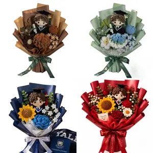 Custom Crochet Flower Bouquet with Graduation Doll  Handmade Senior Gift for Him | Cute Plush Graduation Flowers for Boyfriend & Male Graduates | Forever Keepsake Bouquet