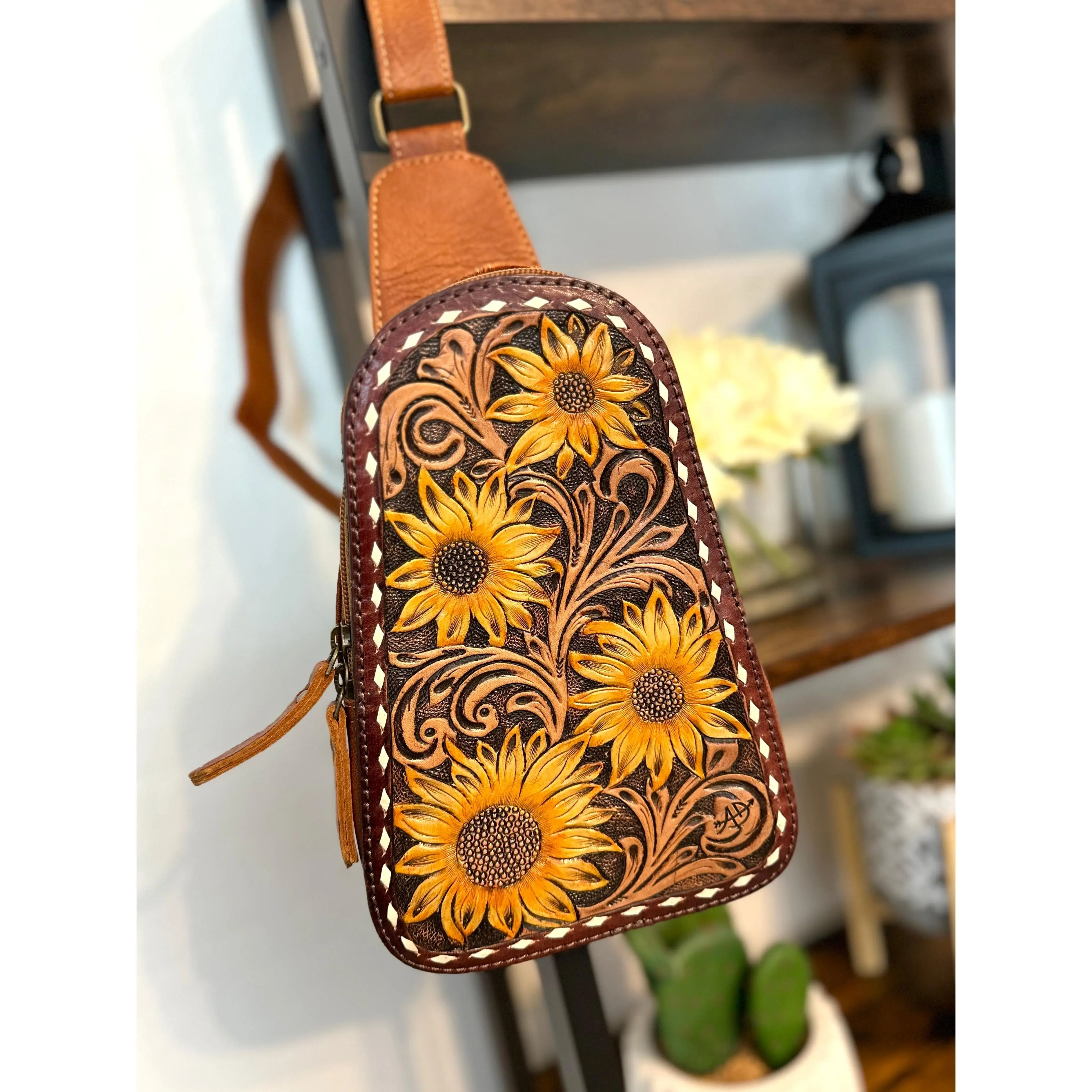 Small Leather Tooled Western Sling Bag Small Leather Tooled Western Sling Bag