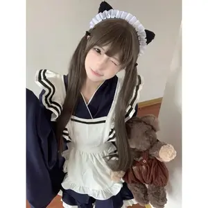 Spring Cosplay Lolita Woman Dress Elegant Bow Ruffle Design Navy Blue Cute Design Maid Dress Female Kawaii Chic Party Outfits