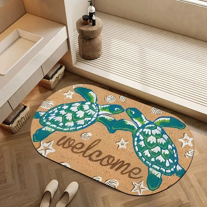 Coastal Sea Turtle & Welcome Absorbent Diatomaceous Earth Oval Bath Mat Non Slip Rubber Backed Fast Dry Shower Mat Thin Bathroom Rugs Floor Mat Diatomite Bathroom Mat Bathroom Accessory