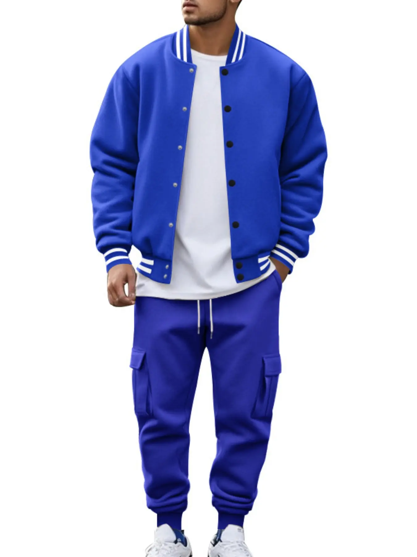 New men's solid color pocket button front placket shirt and pants two-piece suit, casual sports suit casual long-sleeved cardigan round jacket with workwear pants combination, suitable for men's autumn and winter clothing Cargo Pants