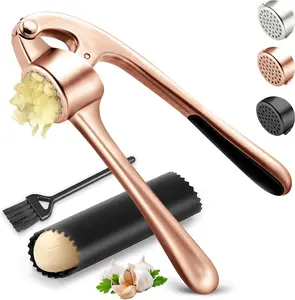 Kitchen Garlic Press Stainless Steel,  Rust Proof & Dishwasher Safe Garlic Mincer, Durable Garlic  Set with PeelerBrush, Easy to Clean and Squeeze, Copper