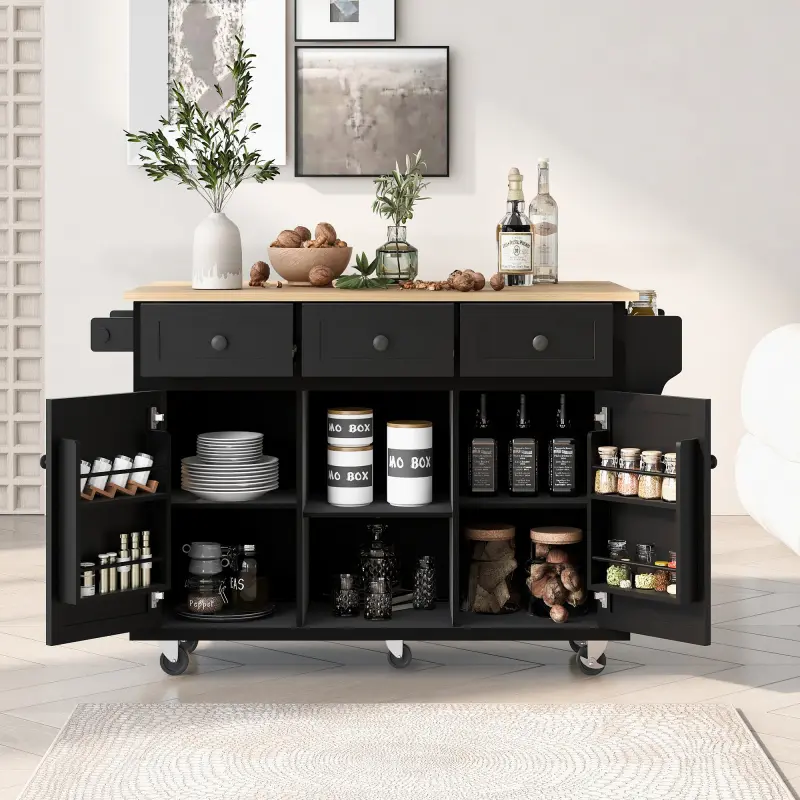 [SOIYELIFE] Kitchen Cart with Rubber wood Drop-Leaf Countertop ,Cabinet door internal storage racks,Kitchen Island on 5 Wheels with Storage Cabinet and 3 Drawers for Dinning Room, Black,Unique furniture,