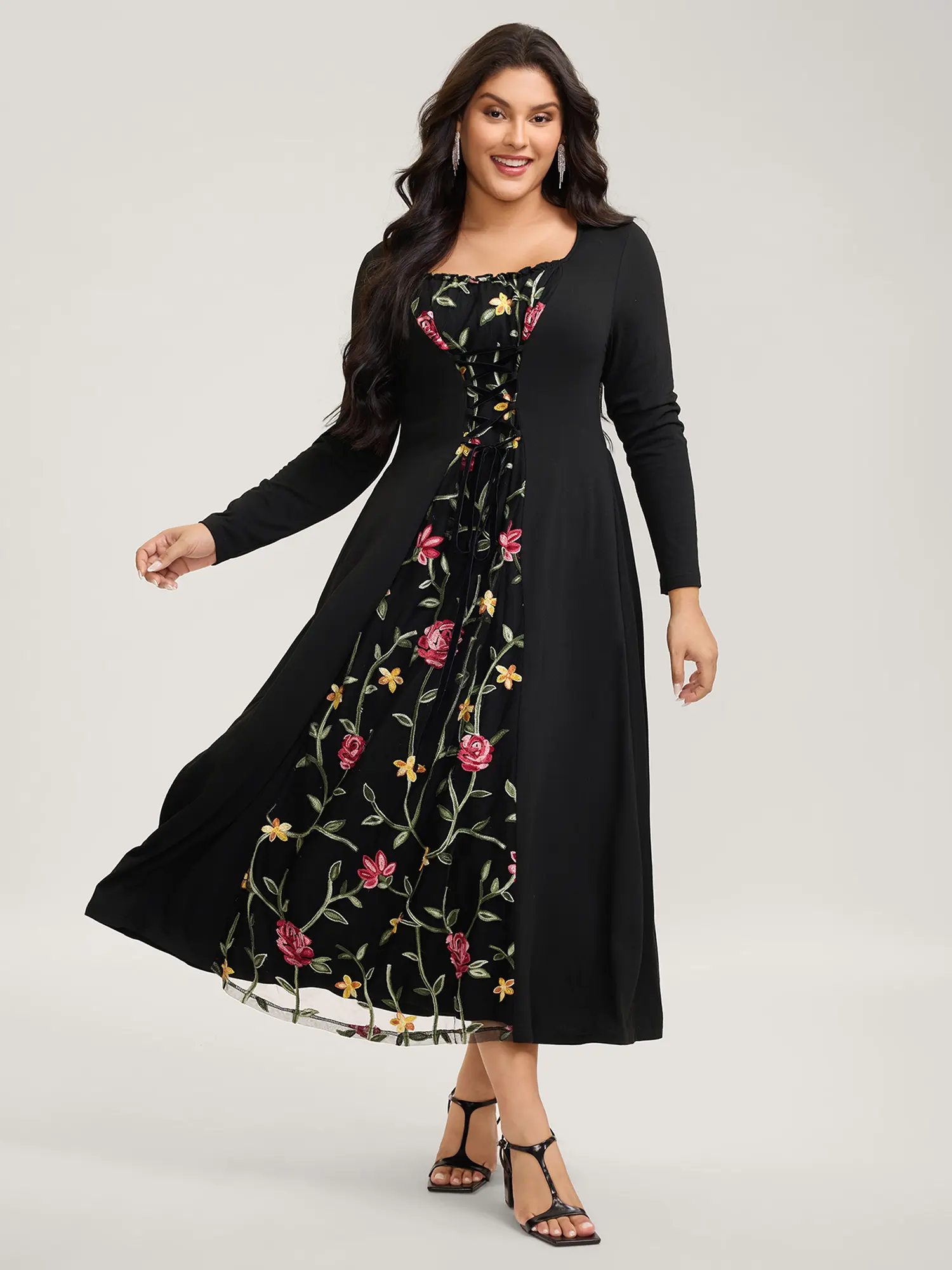 BLOOMCHIC SohoChic Women's Fit Casual Square Neck Contrast Floral Belted Long Sleeve Maxi Dress - Black, Polyester-Nylon-Spandex-Rayon Fabric, Side Pocket, Machine Washable, Do Not Tumble Dry, Summer Swimweek Find, Black Dresses for Women