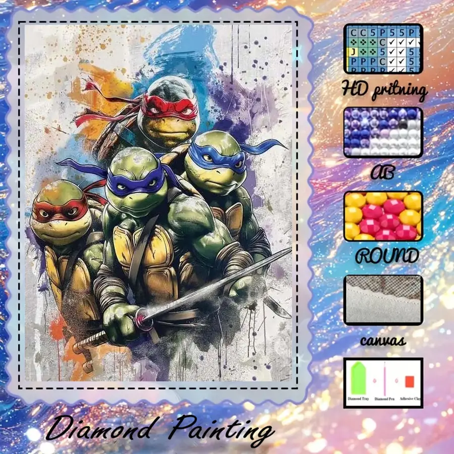 5D-DIY, advanced velvet canvas, diamond art, diamond painting kit, Ninja Turtles AB diamonds, fairy dust diamonds, crystal diamonds, perfect home decor, handmade diamond art painting kit, special craft diamond art kit, Handcraft