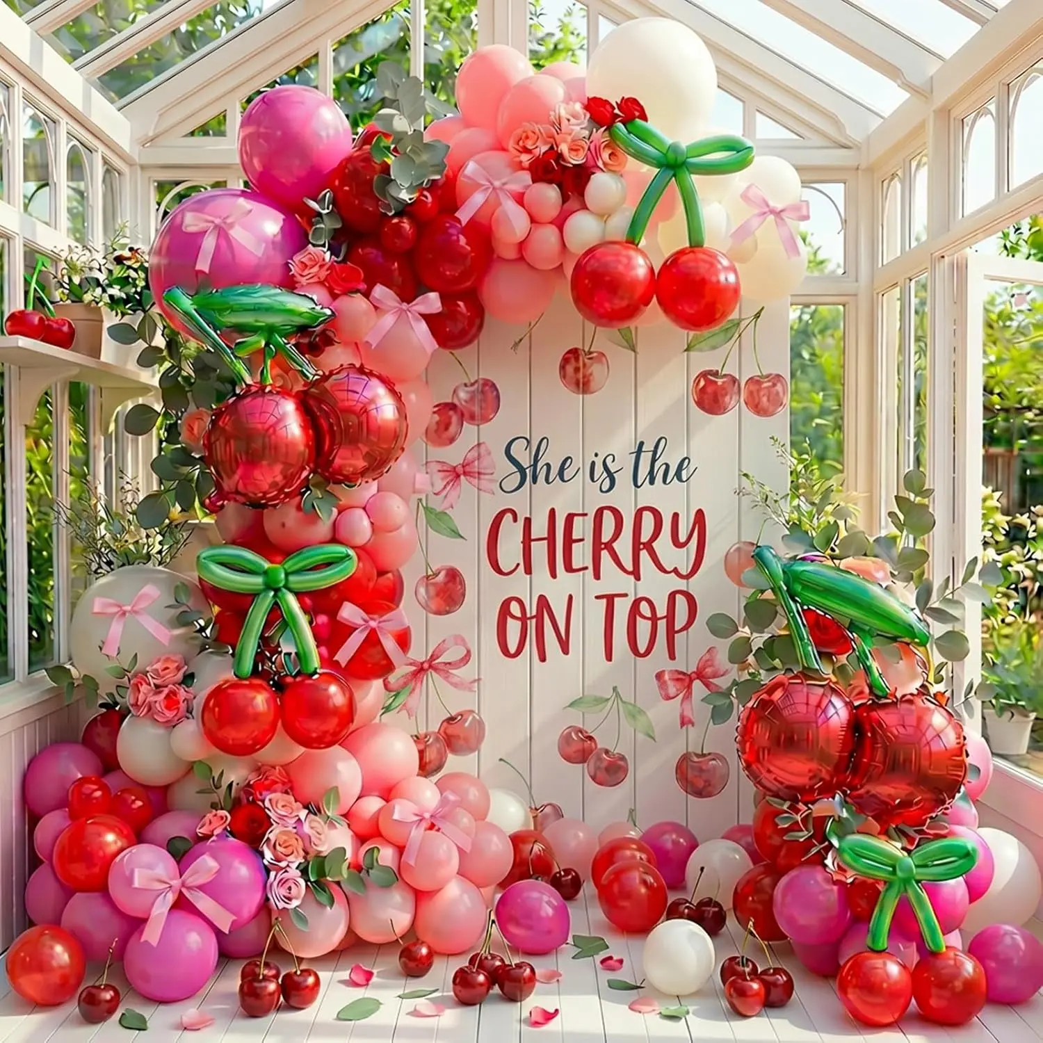 Cherry Balloon Garland Arch Kit with Bow Balloons for Girls Birthday, Baby Shower & Bridal Decor