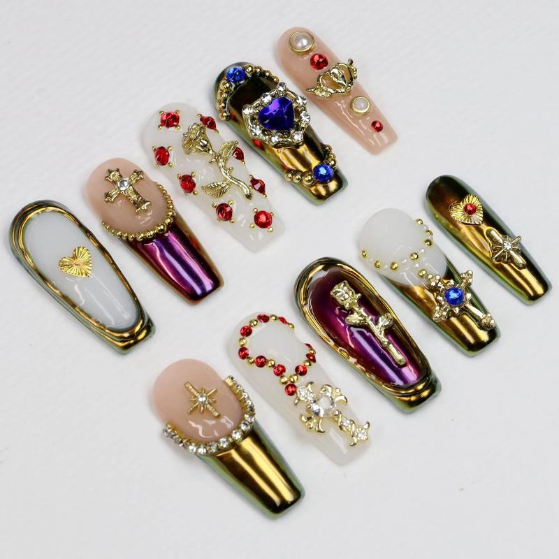 Soluxe Nails - Blue Heart Gem Stiletto Press On Nails, Chrome Green Finish, Elegant Rose & Cross Design, Bold Gothic Glam Statement Style