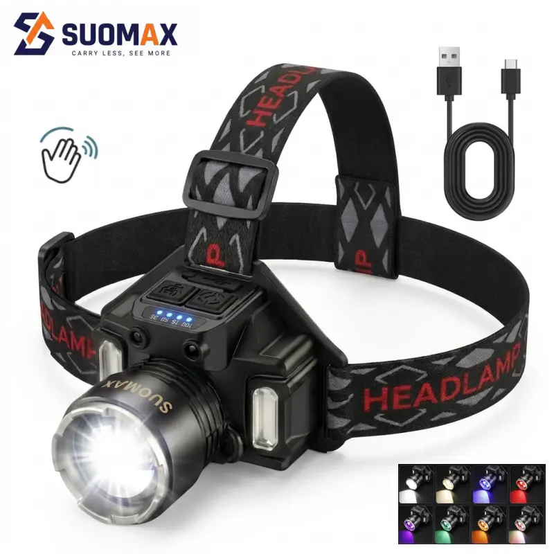 SUOMAX 7 in 1 Multicolor Headlamp,Super Bright Led Rechargeable Head Lamp,Zoomable,Motion Sensor,90° Adjustable,COB Flood Light,7 Lighting Colors 21 Modes for Outdoor Running Hiking Fishing