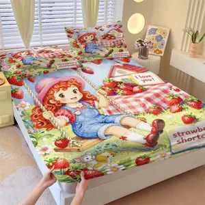 Cute Strawberry Girl Fitted Sheet Set, 1 Fitted Sheet + 2 Pillowcases, Cartoon Girl with Strawberry Print Bedding, Soft, Comfortable & Breathable Microfiber, All Season Use, Deep Pocket, Non-Slip, Wrinkle & Fade Resistant