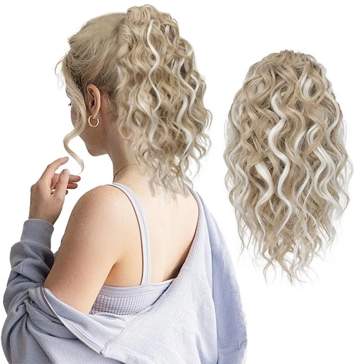 Ponytail wig for women, platinum blonde wavy short curly 