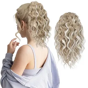 Ponytail wig for women, platinum blonde wavy short curly hair drawstring ponytail resistant out re half highlight spiral curl Dark Brown Extension Beads Easy Stretch