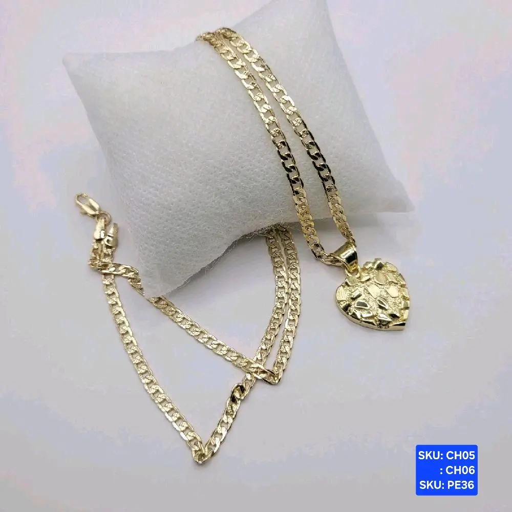 Nugget Heart Fashion Style Necklace Chain Cuban Link 24 & 18 Inches Laminated Gold Heart Pendant Jewelry Accessory for Stylish Wear Gold Plated, SKU: CH05, CH06 SKU: PE36