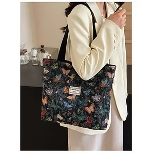Canvas Shoulder Bag for Women Cloth Cotton Bag with Zipper Reusable Shoulder Bag for Shopping Travel Vacation Floral Design