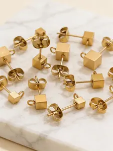 10pcs Stainless Steel Square Pvd Gold Plated Ear Studs with Ring, DIY Jewelry Making Accessories Wholesale, Fashion Earrings