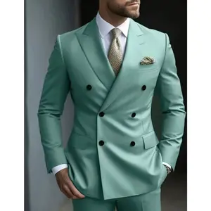 Mint Green Double Breasted Men's Suits Six-buttons 2 Piece Set Blazer Pant Custom Made Wedding Tuxedos Male Prom Party Suits Menswear Long Sleeve