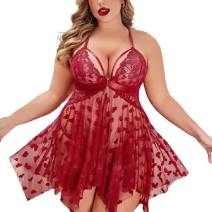 Avidlove Plus Size Lingerie Lace Womens Chemise V Neck Nighty Mesh Sleepwear Front Slit Nightdress