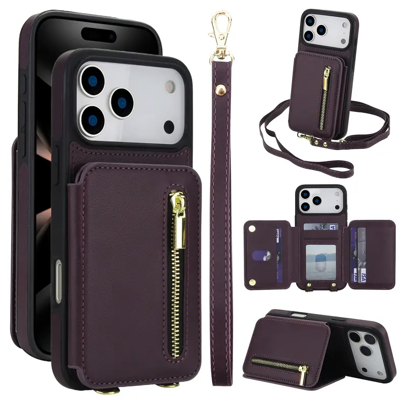 Blocking Zipper Wallet Crossbody Case for iPhone 18 Pro Max 17 16 15 14 13 Pro Max with Card Slots Wrist Strap Kickstand and Shockproof Protection