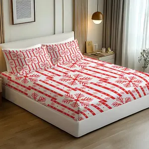 3Pcs Festive Winter Themed Fitted Sheet Set, Vibrant Red Snowflake and Striped Pattern Bedding, Soft and Durable Fabric for Cozy Comfort, Ideal for Holiday Decor and Warm Sleep Experience, No Pillow Core