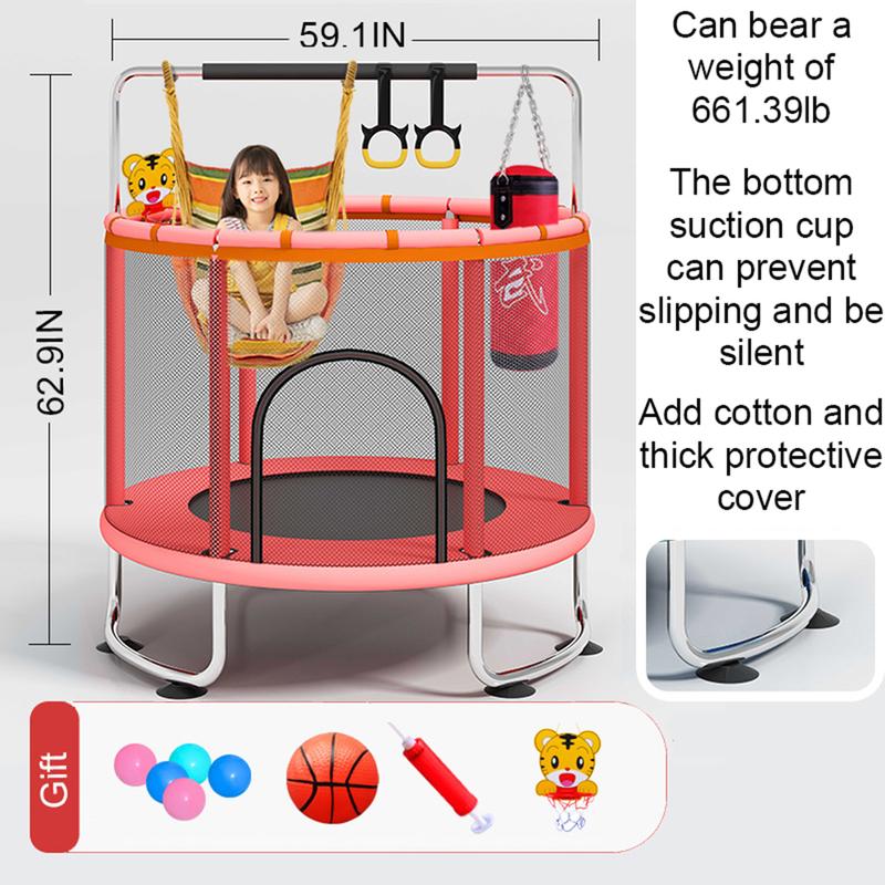 60" Trampoline for Kids with Safety Net, Indoor & Outdoor Toddler Trampoline with Swing, Adjustable Gym Bar & Basketball Hoop, Fun & Active Play for Boys & Girls