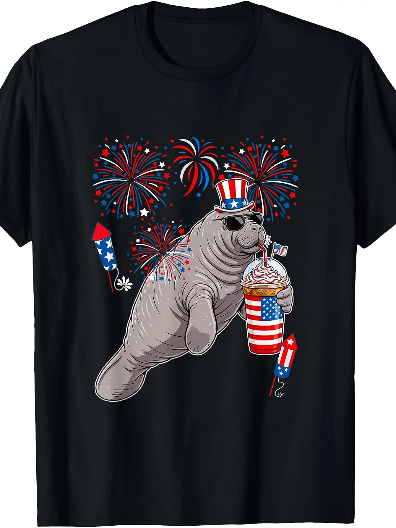 Manatee Sunglasses Coffee 4Th of July US Flag Fire unisex soft cotton short sleeve t shirt, vintage graphic casual tee for men women teens, perfect birthday holiday gift for camping travel gym daily street  wear