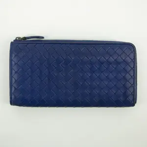 Pre-owned Bottega Veneta Leather small leather goods Blue Intrecciato L shaped Zipper Long Wallet #2397