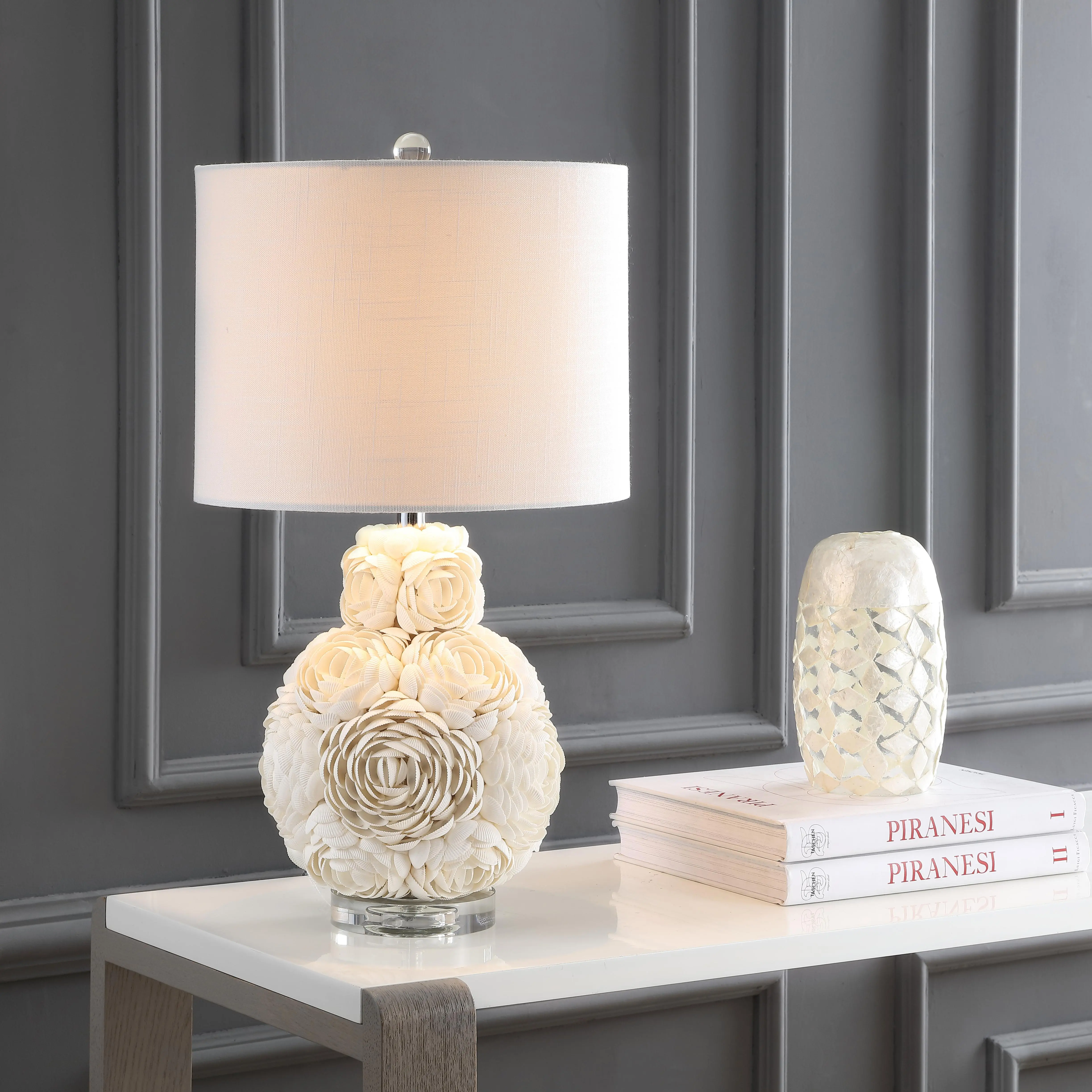 JONATHAN Y 24" LED Resin Table Lamp - Coastal Seashell Rosette, Flower Design Lamp, Home Decor Light, Mosaic Floral Motif, Clear Crystal Base, White Linen Drum Shade, Rotary Switch, Included LED Bulb, 60" Cord, Ginger Jar Style