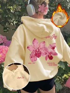 Women's Fall Winter Floral Pattern Long Sleeve Hoodie with Pockets, Casual Loose Fit Holiday Style Top, Fashionable Daily Wear