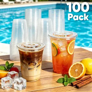100 Pcs Disposible Cups With Lids and Straws, Plastic Cups, Party Cups, Coffee Cups for Milk shakes, Bubble Tea Includes Cups Lids Straws, 16 oz 20oz 24 oz, For Graduation ceremonies, parties, birthday dinners, camping trips, BBQ
