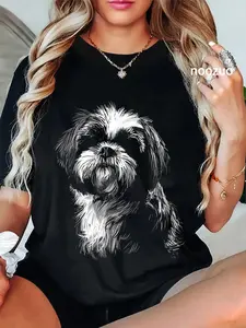 100% Cotton Unisex Dog Lover Cute Drawing Animal Pet Art Graphic Shih Tzu T-Shirt Casual Top