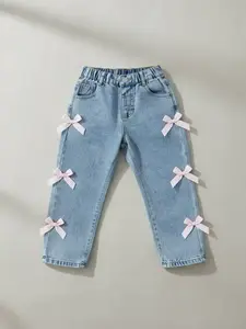 Toddler Girl's Denim Bow Decor Jeans, Cute Comfy Trousers for Daily Wear, Kids Bottoms for All Seasons, Jeans With Pockets
