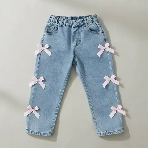 Girl's Bow Decor Jeans, Cute Comfy Denim Trousers for Daily Wear, Kids Bottoms for All Seasons, Jeans with Pockets