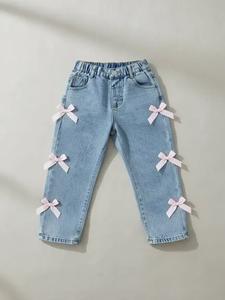 toddler girl's denim bow decor jeans, cute comfy trousers for daily wear, kids bottoms for all seasons, casual comfy jeans