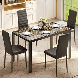 [2 Packages Shipping]5-Piece Glass Dining Table Set, Accommodates 4 With PU Leather Chairs, Modern  Sets For Your Home, Kitchen,