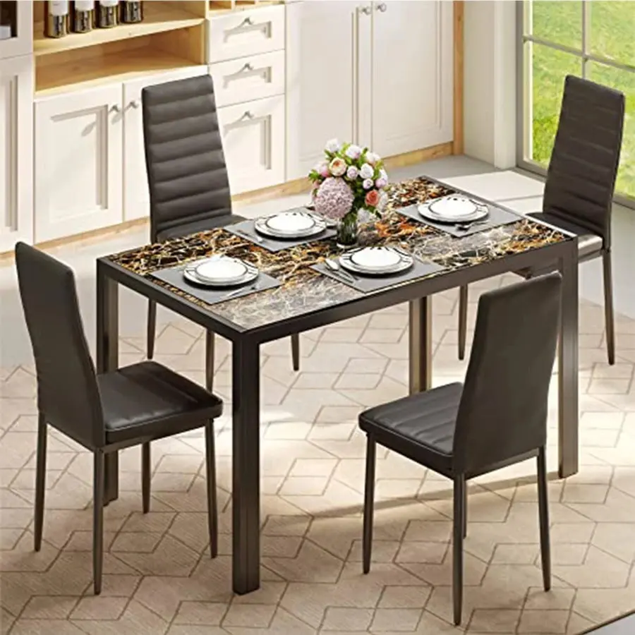 [2 Packages Shipping] 4-Seater 5-Piece Rectangular Modern Tempered Glass Dining Table Set (1 Table, 4 Black PU Leather Chairs), Marble Finish, Assembly Guide, Self-Assembled, for Home Family Gatherings, 47.2"L x 27.6"W x 29.5"H