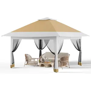 Pop Up Gazebo 12x12 ft Canopy Tent with Mosquito Netting, Outdoor Patio Gazebo with 3 Adjustable Heights, Tent Shelter Quick Setup Backyard Tent for Party,Wedding (Khaki)