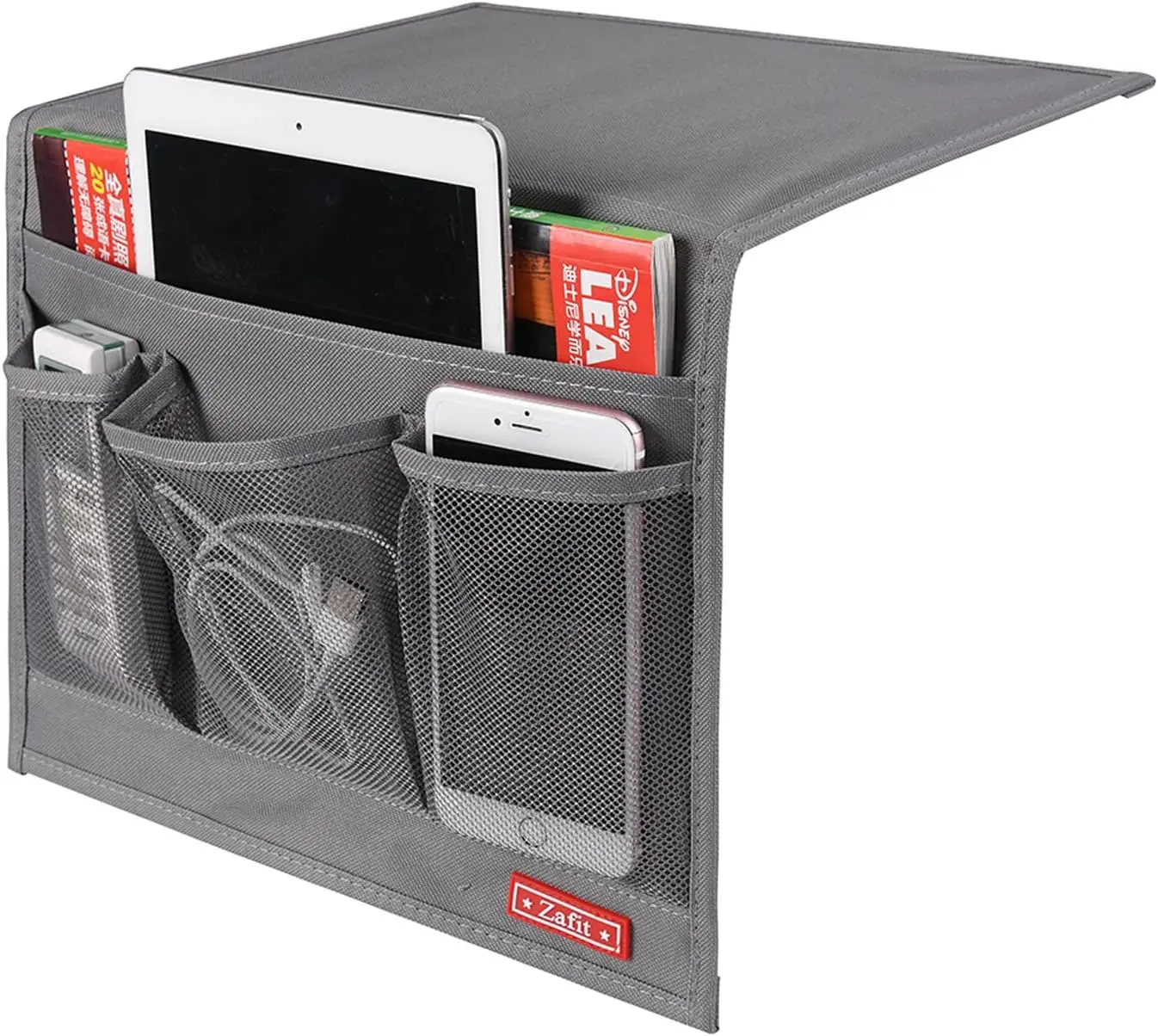 Zafit Leather Bedside Multipurpose Storage Bag - Home Organizer with 4 Secure Storage Pockets, Insert & Mesh, Classic Grey Accessory for Remotes, Phones, Glasses, Secure Storage Pocket