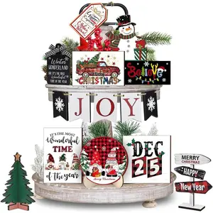 19 PCS Christmas Tiered Tray Decor, Christmas Tiered Tray Decorations Set, Snowflake Joy Snowman Wood Table Signs for Winter Table Centerpieces Home Decorations