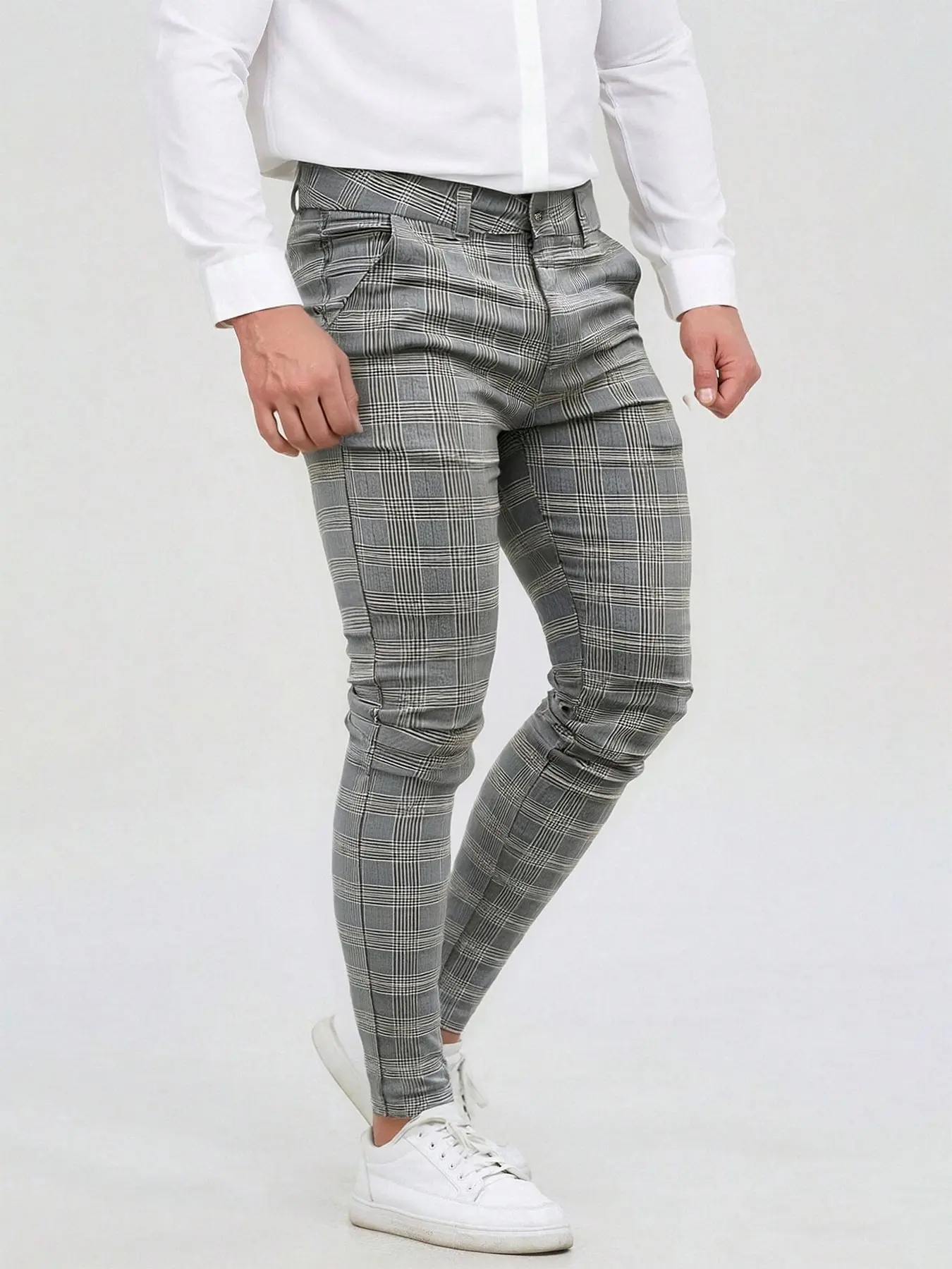 All-Season Men's Plaid Checked Slim Fit Dress Pants, British Style Skinny Tapered Casual Trousers, Wrinkle Resistant Stretch Business Pants with Center Crease, Plaid Suit Pants for Office / Daily Wear, Business Fashion Pants
