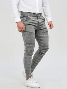 All-Season Men's Plaid Slim Fit Dress Pants, British Style Skinny Tapered Casual Trousers, Wrinkle Resistant Stretch Business Pants with Center Crease, Comfortable Plaid Suit Pants for Office / Date / Daily Wear