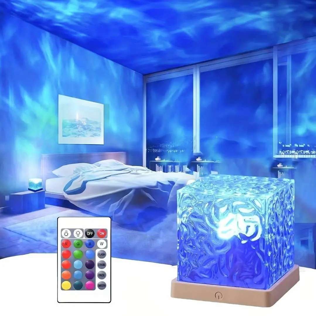 16-color Ocean Wave Projector Lights, Luminothe Cube Lights and Remote Controllers, 3D Holographic Water Ripple Romantic Atmosphere Lighting Device, Suitable for Decoration in Living Rooms and Bedrooms, Meditation Relaxation, and Night Lighting.