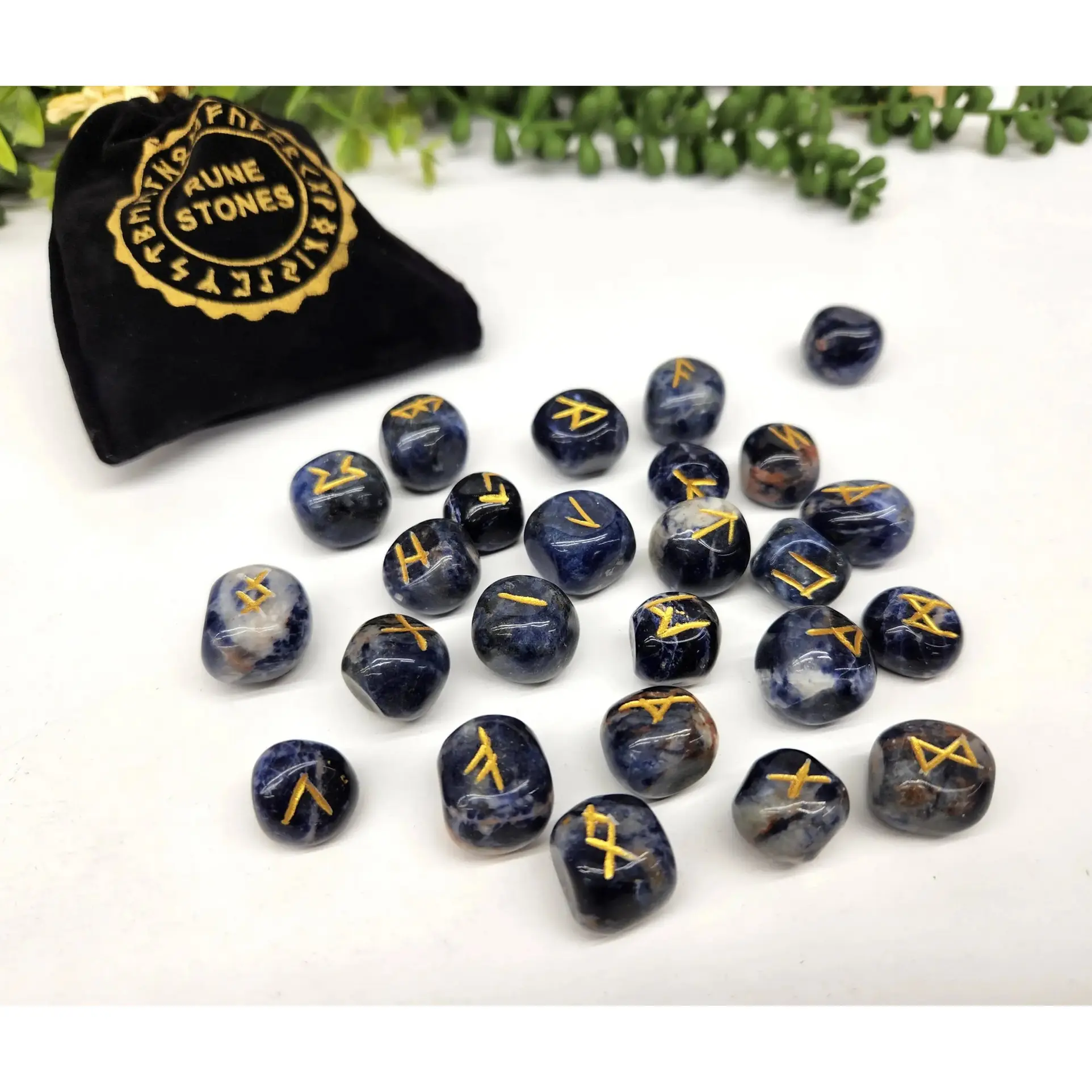 Sodalite Semi-Precious Gemstone Rune Sets with Velvet Pouch