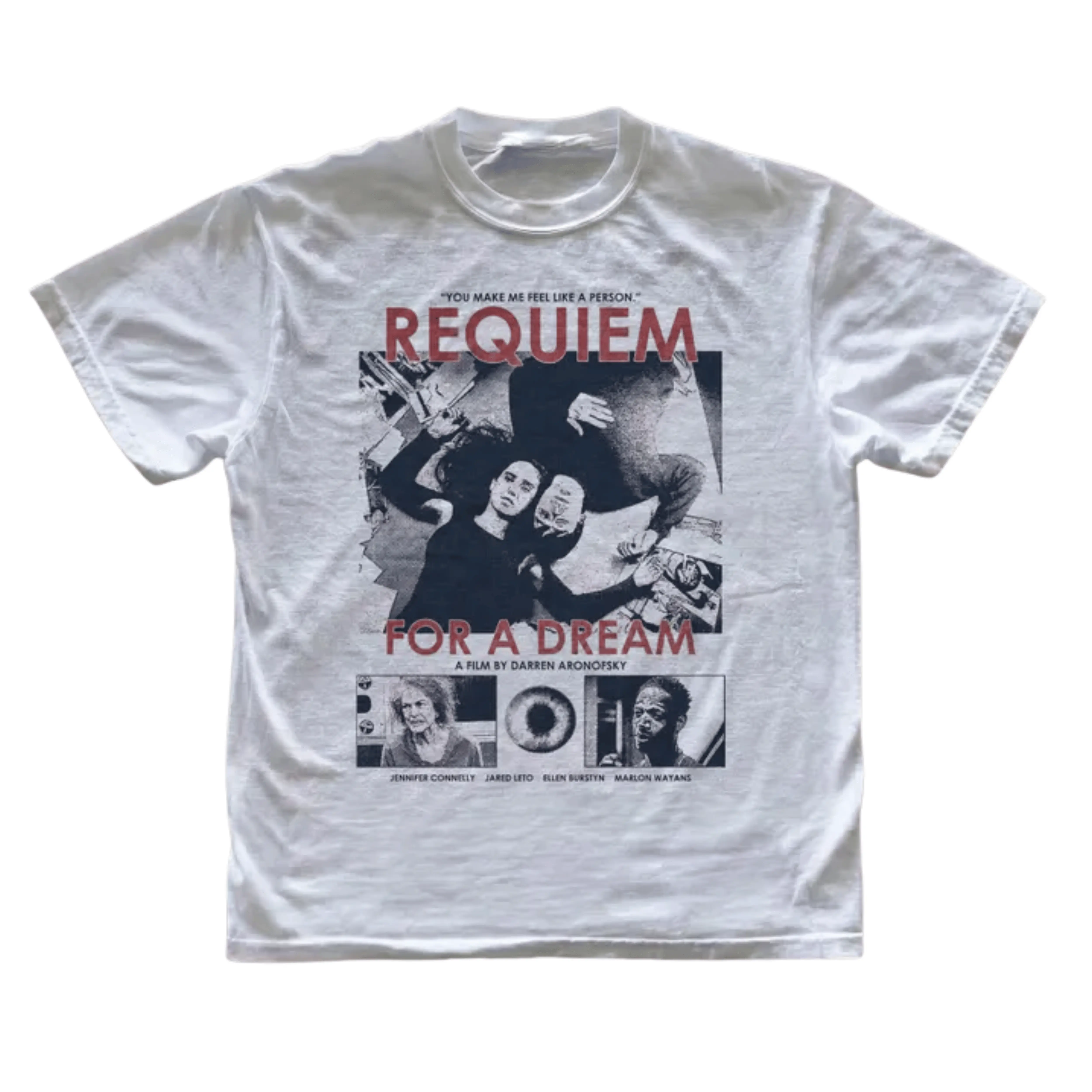 Gildan Men's and Women's T-shirt, Vintage Requiem for a Dream Graphic Tee, Darren Aronofsky Shirt, Jennifer Connelly Jared Leto Top, Feel Like A Person Quote, Retro Psychological Drama Merch, Bootleg Film Tee, Gift for Cinephiles, Unisex Streetwear