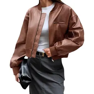 Womens Faux Leather Bomber Jackets Baseball Collar Zip Up Cropped Biker Coat with Pockets