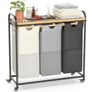 Laundry Hampers 3 Section, Laundry Sorter with Removable Shelf and Pull-Out Bags, Rolling Cart Clothes Hampers Basket with Wheels for Laundry Room, 3 x 45 L (Black Beige Gray)