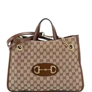 Pre-owned GUCCI GG Leather Shoulder Bags Gucci Monogram Calfskin Large Horsebit 1955 Tote Bag Beige Brown Sugar Twins B21563