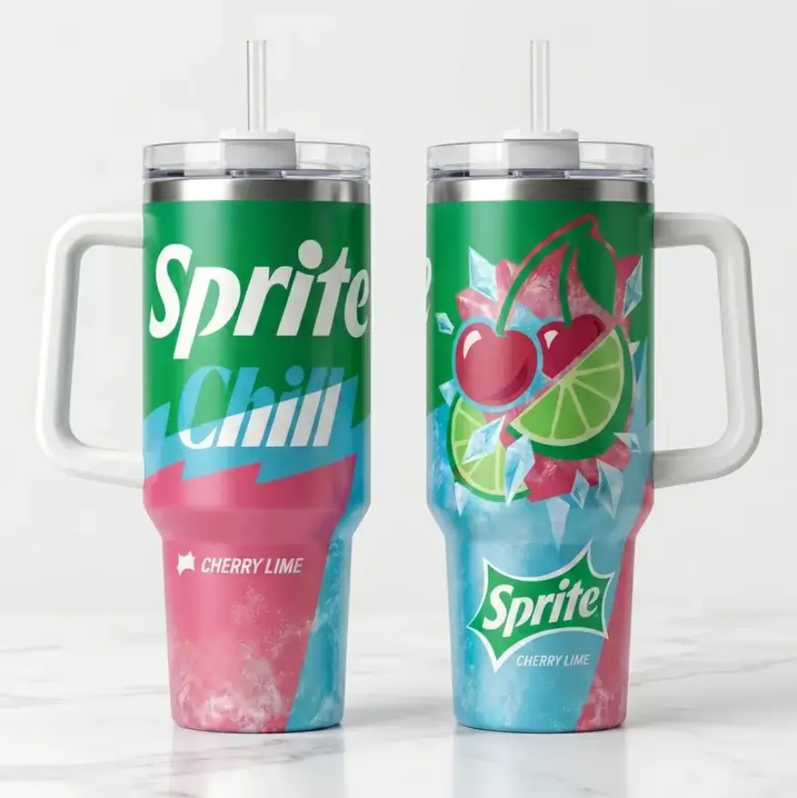 Sprite Chill Cherry Lime 40oz Tumbler with Handle, Ice Cold Splash Lemon Lime Aesthetic Cup, Vacuum Insulated Stainless Steel Travel Mug, Leak Resistant Lid & Straw, Car Cup Holder Friendly, Authentic Neon Soda Flavor Fans Summer Gift