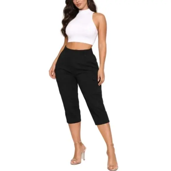 Meilin capris - High rise elastic waistband for a cinched comfy fit Soft structured cotton with light stretch Utility side cargo pockets Capri length with a tapered leg Flattering contour seam detailing Streetwear edge with a feminine silhouette